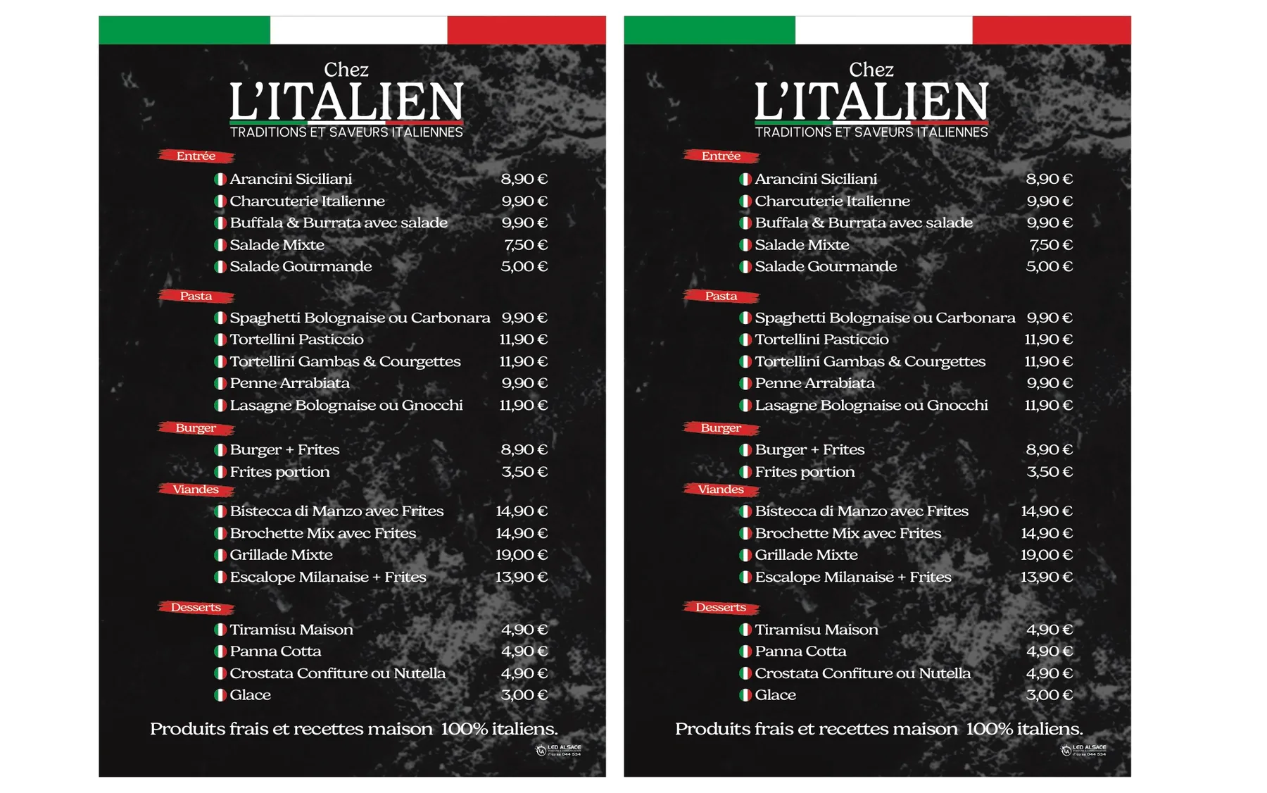 Menu extérieur imprimé pour Chez l'Italien